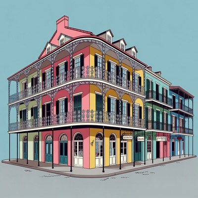 Colorful New Orleans Shotgun Houses Illustration