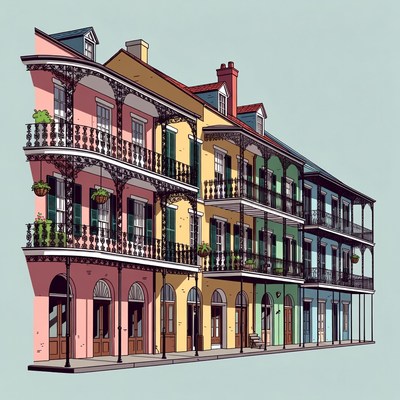 Colorful New Orleans Shotgun Houses Illustration