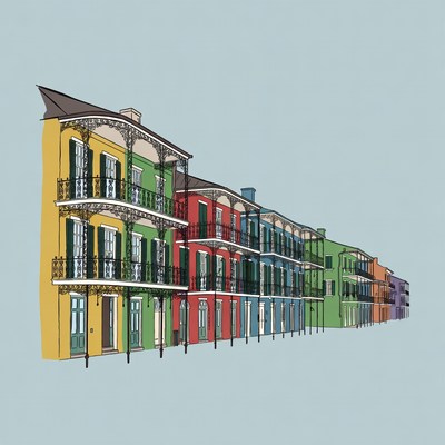 Colorful New Orleans Shotgun Houses Illustration