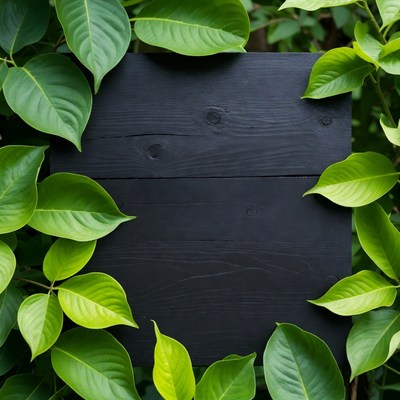 Black wooden sign framed by green leaves