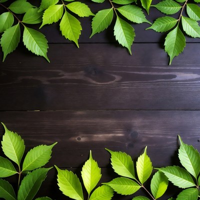 Green leaves on wooden table
