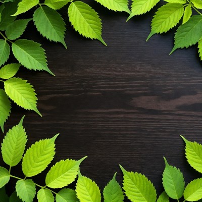 Green leaves framing dark wood surface