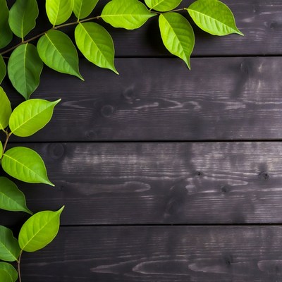 Green leaves on dark wood