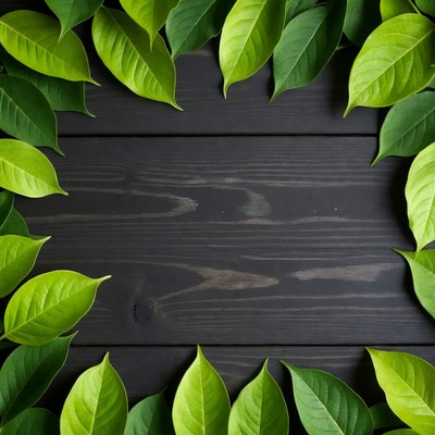 Green Leaves Frame on Dark Wood