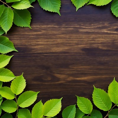 Green leaves frame on wooden surface