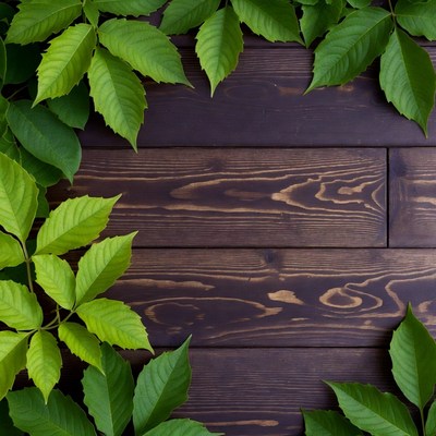 Green Leaves on Wooden Surface