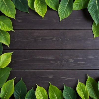 Green leaves frame on wooden surface