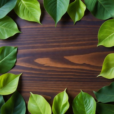Green leaves frame on wooden surface