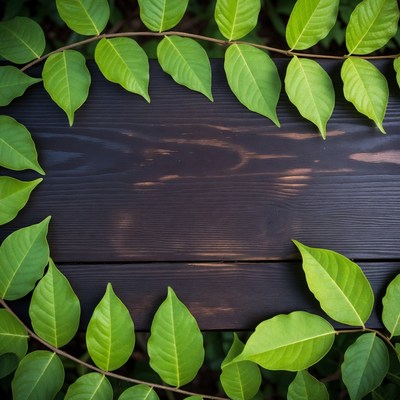Green Leaves Framing Dark Wood Surface