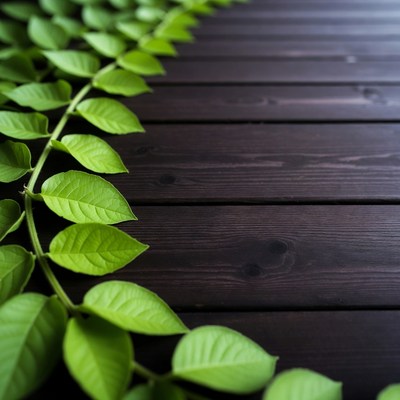 Green leaves border on wooden surface