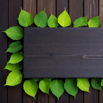 Green leaves around wooden sign