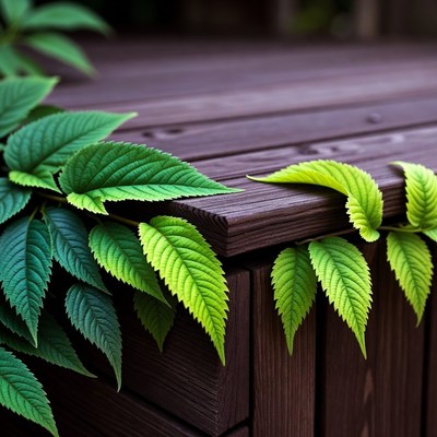 Green leaves on wooden table edge