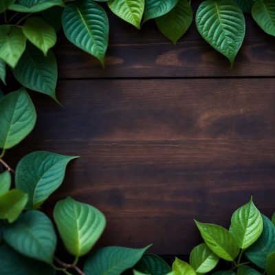 Green Leaves Framing Wooden Surface