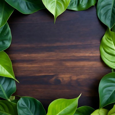 Green Leaves Framing Wooden Surface