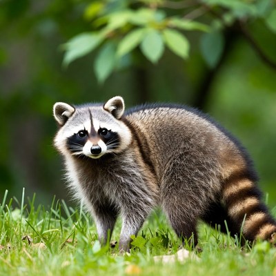 Raccoon standing in green grass