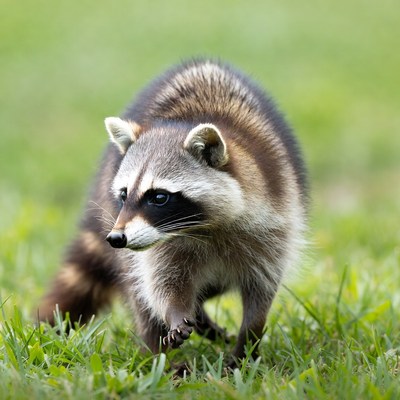 Raccoon walking in green grass