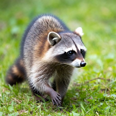 Raccoon walking on green grass