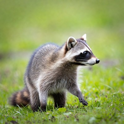 Raccoon walking in green grass