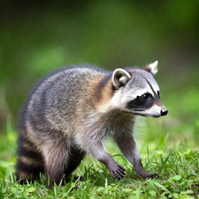 Raccoon walking on green grass