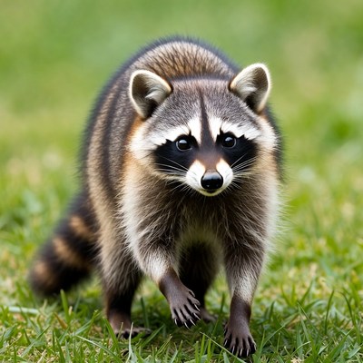 Raccoon standing on green grass