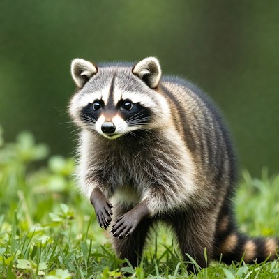 Raccoon standing in green grass