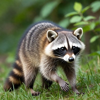 Raccoon walking in green grass
