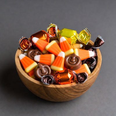 Wooden bowl of assorted candy corn