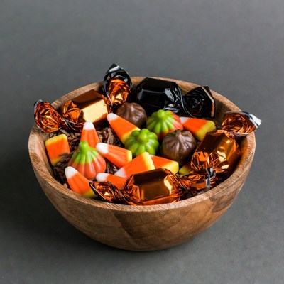 Wooden bowl of Halloween candy