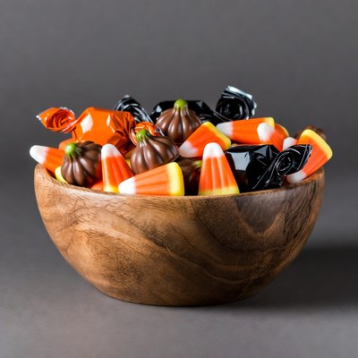 Wooden bowl of Halloween candy