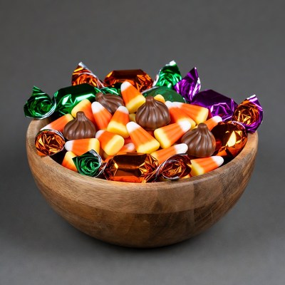 Wooden bowl of Halloween candy corn