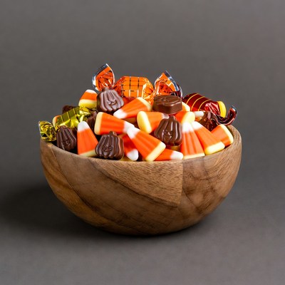 Halloween Candy Corn in Wooden Bowl