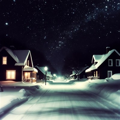 Snowy Street with Starry Night Sky