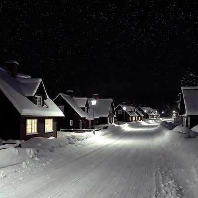 Snowy Village Street Under Starry Night
