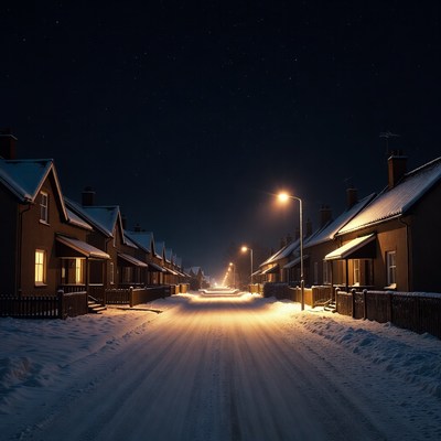 Snowy Street with Houses at Night
