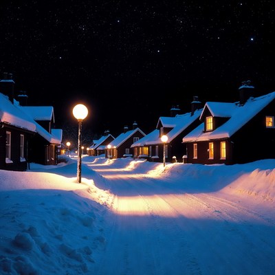 Snowy Village Street at Night