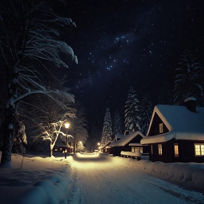 Snowy Village Path Under Starry Night Sky