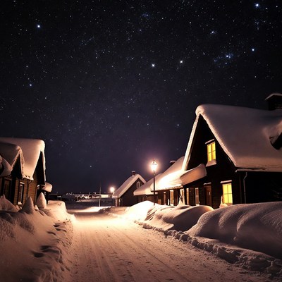 Snowy Village Under Starry Night Sky