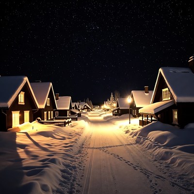 Snowy Village Street at Night