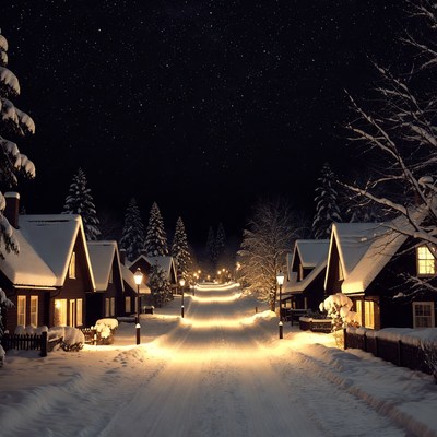 Snowy Street with Wooden Cabins at Night