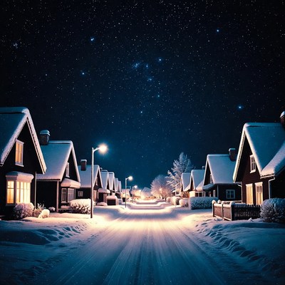 Snowy Street with Starry Night Sky