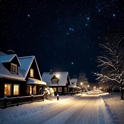 Snowy Village Street Under Starry Night Sky