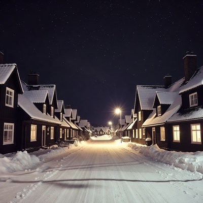Snowy Street of Houses at Night