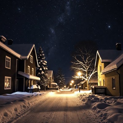 Snowy village street under starry night sky