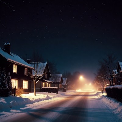 Snowy Street with Lit Houses at Night