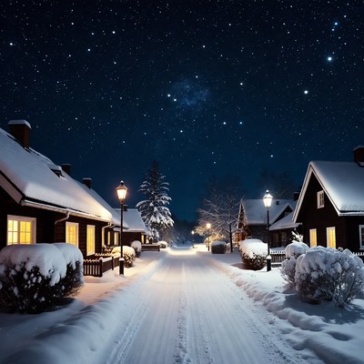 Snowy Village Street Under Starry Night Sky