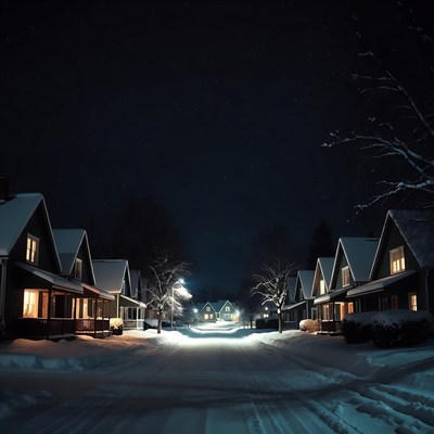 Snowy Street with Houses at Night
