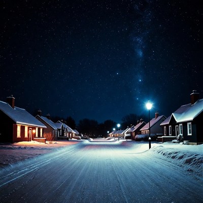 Snowy Street with Houses Under Milky Way