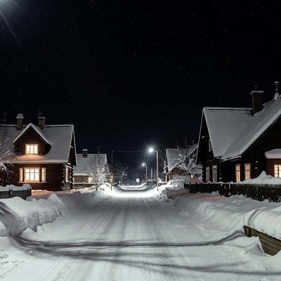 Snowy Street with Houses at Night
