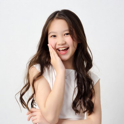 Asian girl smiling with hand on cheek