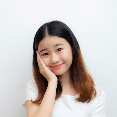Smiling Asian girl hand on cheek